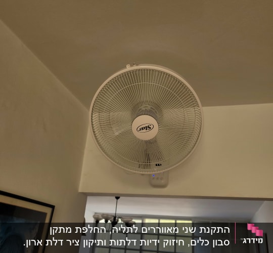 מאוורר קיר לבן מותקן על קיר פנימי